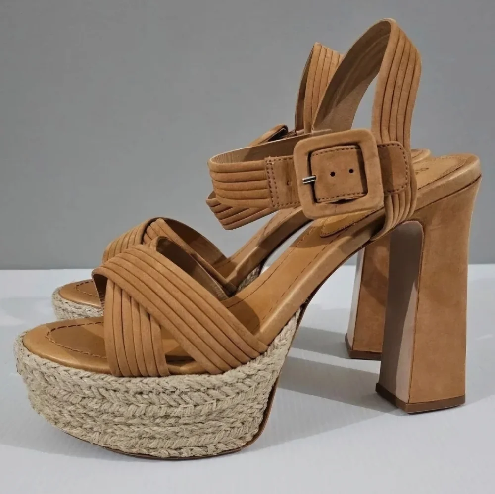 Schutz Blisse Platform Sandal Womens 10.5 Caramel Brown Suede Chunky Block Heel